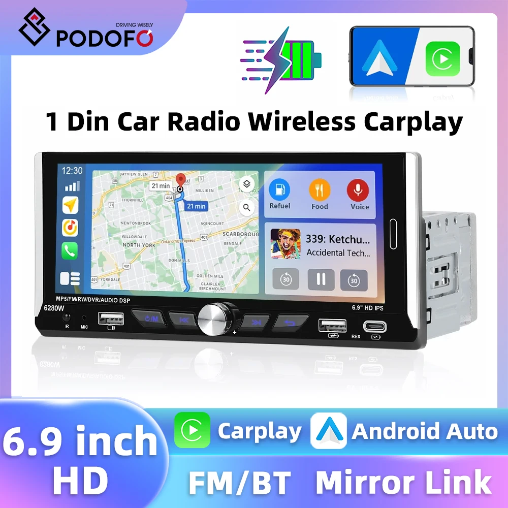 Podofo 1Din MP5 Player Wireless Carplay Android Auto 6.9''  Car Stereo Mirror Link FM/RDS Bluetooth USB & TYPE-C 1 Din Car Audio