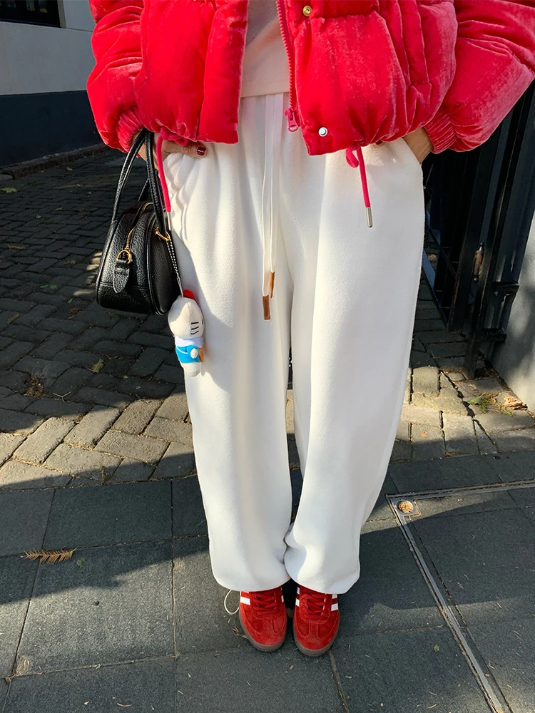 Pantalon de sport blanc taille élastique pour femme, pantalon de survêtement noué avec ceinture, à revers, petite Stature, nouvelle collection printemps-automne 2024