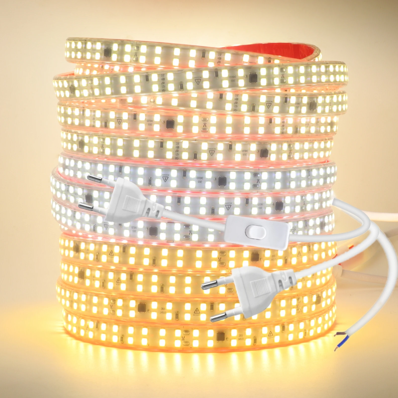 230V 240LED/m Strip Light with IC 220V 5m 10m 20m 30m 2835 IP67 Flexible Adhesive Tape Rope 2pin Wire Switch Power Kit 10CM Cut