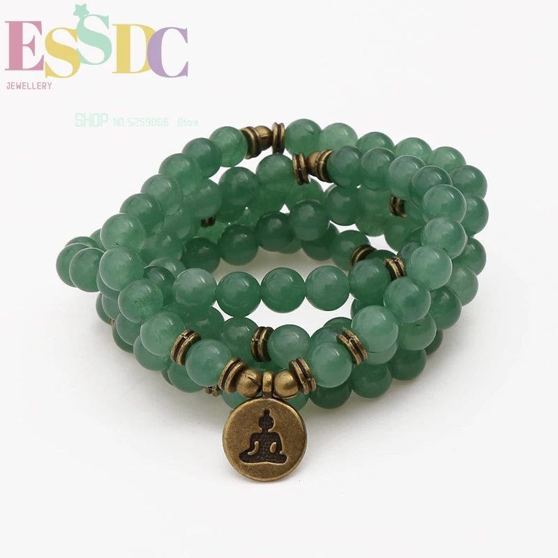 

Buddhist 108 Mala Natural Green Donglin Stone Buddha Lotus OHM Pendant Chakra Bracelet Yoga Healing Jewelry for Female