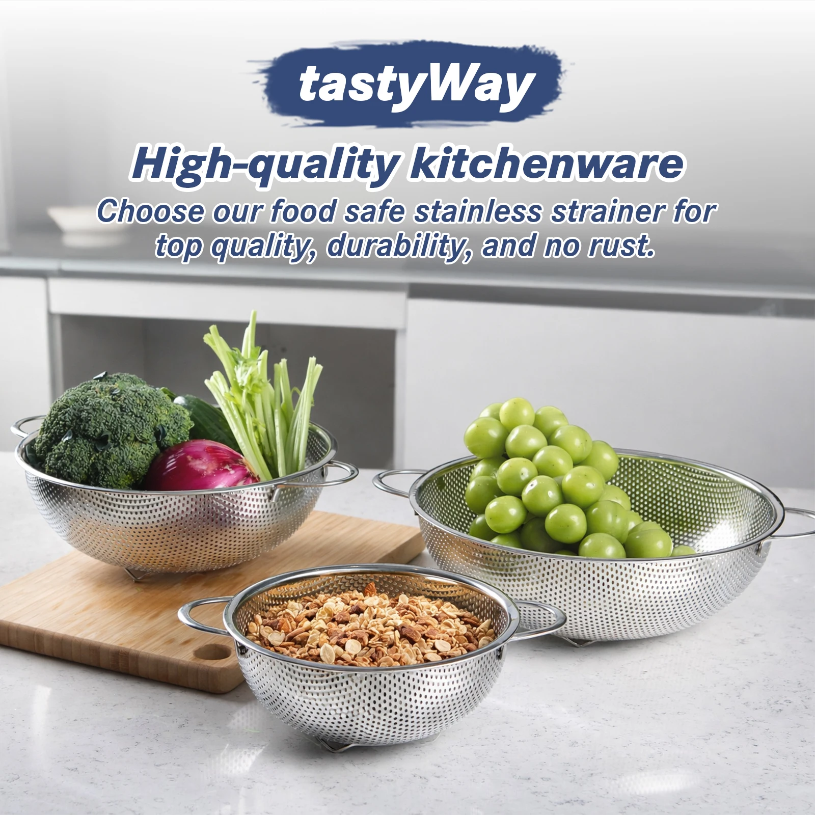 

tastyWay stainless steel round hole basket fruit drain rice Mesh Sifter Colander Strainer Sieve Rice Food Basket Cleaning Kitche