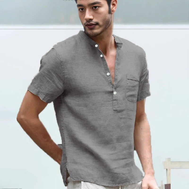 2026 New Summer Short Sleeve T Shirt Men Fashion V Neck Button Casual T-shirt Solid Color Breathable men\'s tshirt  MY068