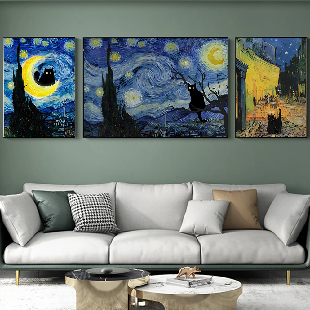 Funny Van Gogh the Starry Night Cat Canvas Wall Art Famous Oil Painting Black Poster Floral Colorful Abstract Gallery Room Decor