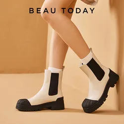 BeauToday Ankle Boots Women Cow Leather Chelsea Boot Mixed Colors Round Toe Cap Cleated Heeled Ladies Chunky Sole Shoes 04604