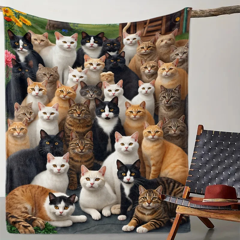 Realistic Multi‑Color Domestic Cats Group Pattern Flannel Blanket Cozy Plush Bedspread Portable Travel Blanket for Bedroom