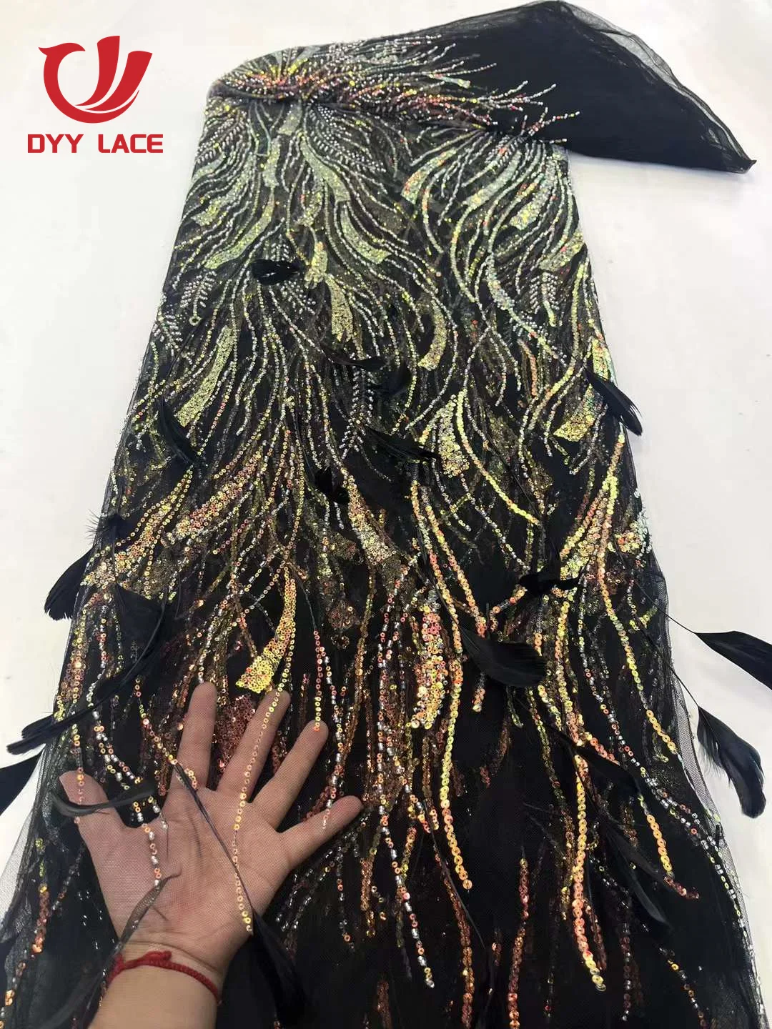 Latest African Nigerian Sequins Lace 2023 Fashion 3D Feather Embroidery French Tulle Lace Fabric For Bride Wedding Party Dress