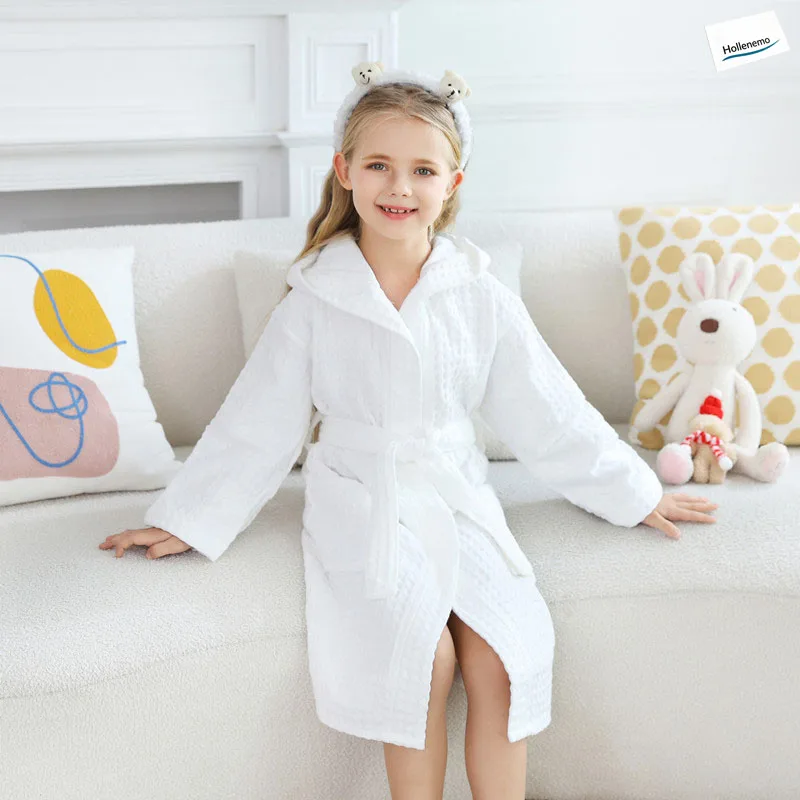 Kids Hooded Waffle Bathrobe 100% Cotton Terry With Belt Pockets Lapel Collar Soft Absorbent Sleepwear For Girls Home Bath Wear