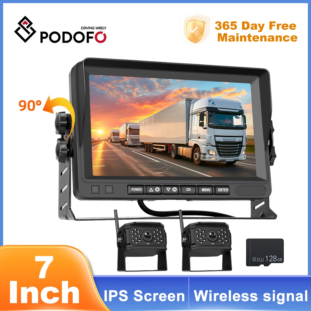 Podofo Wireless 7 inch Car Monitor Screen Rear View Camera For Truck Bus RV Trailer Excavator Rearview Image 12V-24V Display