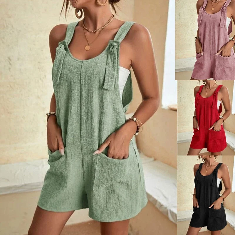 

Women Jumpsuit With Pockets Summer Strappy Sleeveless Casual Loose Solid With Pockets Short Overalls Office Ladies Streetwear