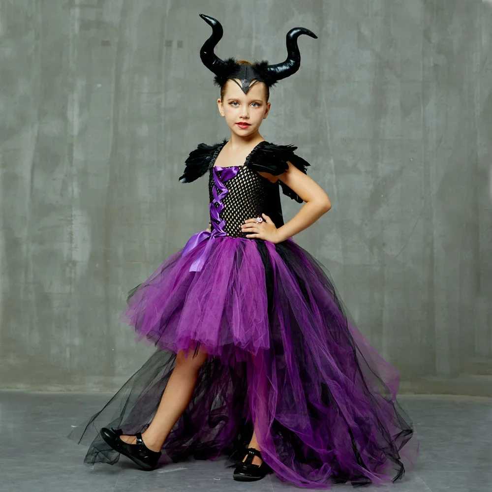 Kinder-Federkleid mit Schulterverzierungen, Gothisches Kleid für Mädchen, Lila-Schwarzes Netz-Tüllkleid für Halloween-Verkleidungspartys – Detail 2