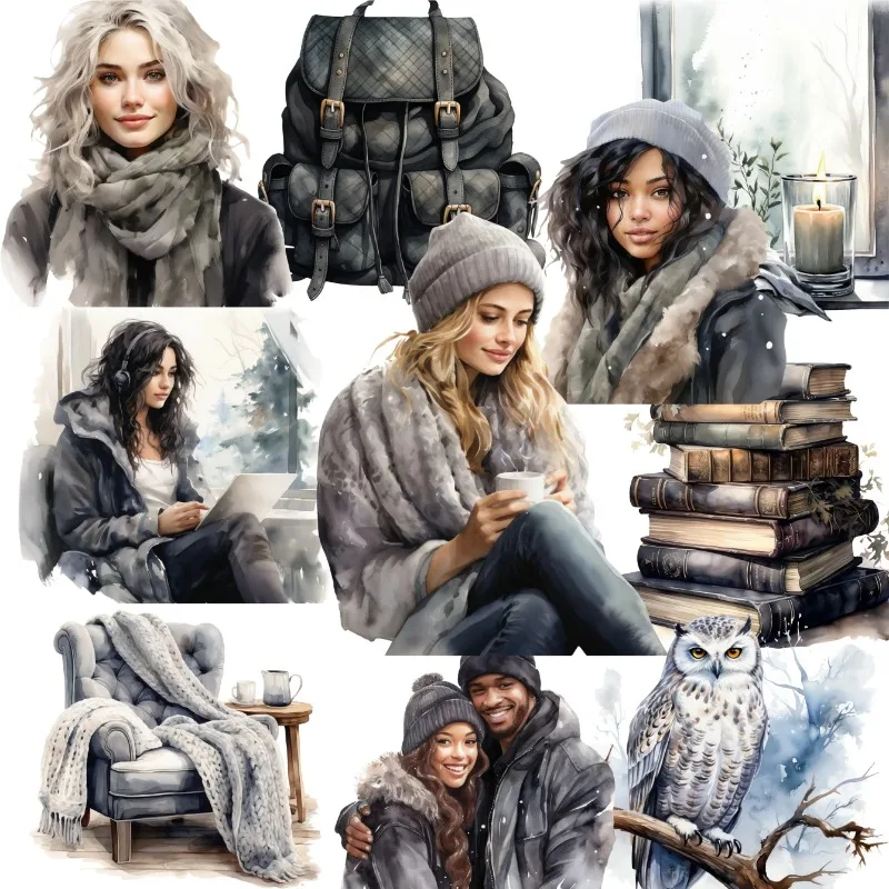 16pcs Cute Self-made  Black watercolor winter girl hot coffee Scrapbooking Stickers Decorative/DIY Craft Photo Albums stationery