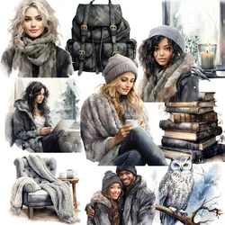 16pcs Cute Self-made Black watercolor winter girl hot coffee Scrapbooking Stickers Decorative/DIY Craft Photo Albums stationery