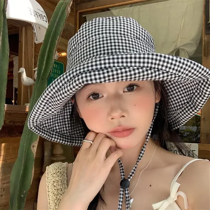Korean Ins Plaid Big Bucket Hat Fashion Fresh Outdoor Travel Versatile Hat Women Summer Large Brim UV Sun Protection Leisure Cap
