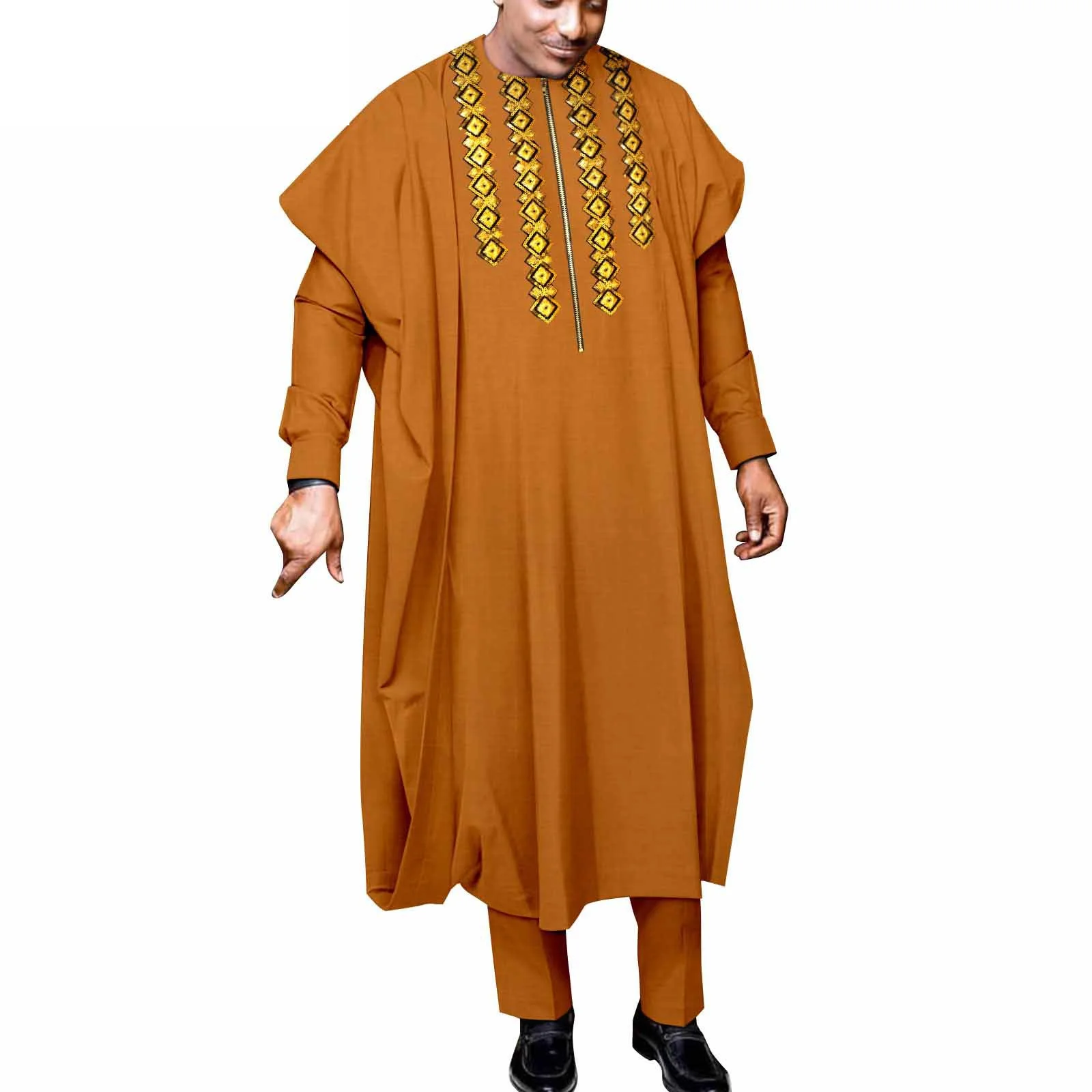 Plus Size African Suits for Men Embroidery Agbada Robe Shirts and Pants Set Formal Outfits for Wedding Zip Jacket African Robes