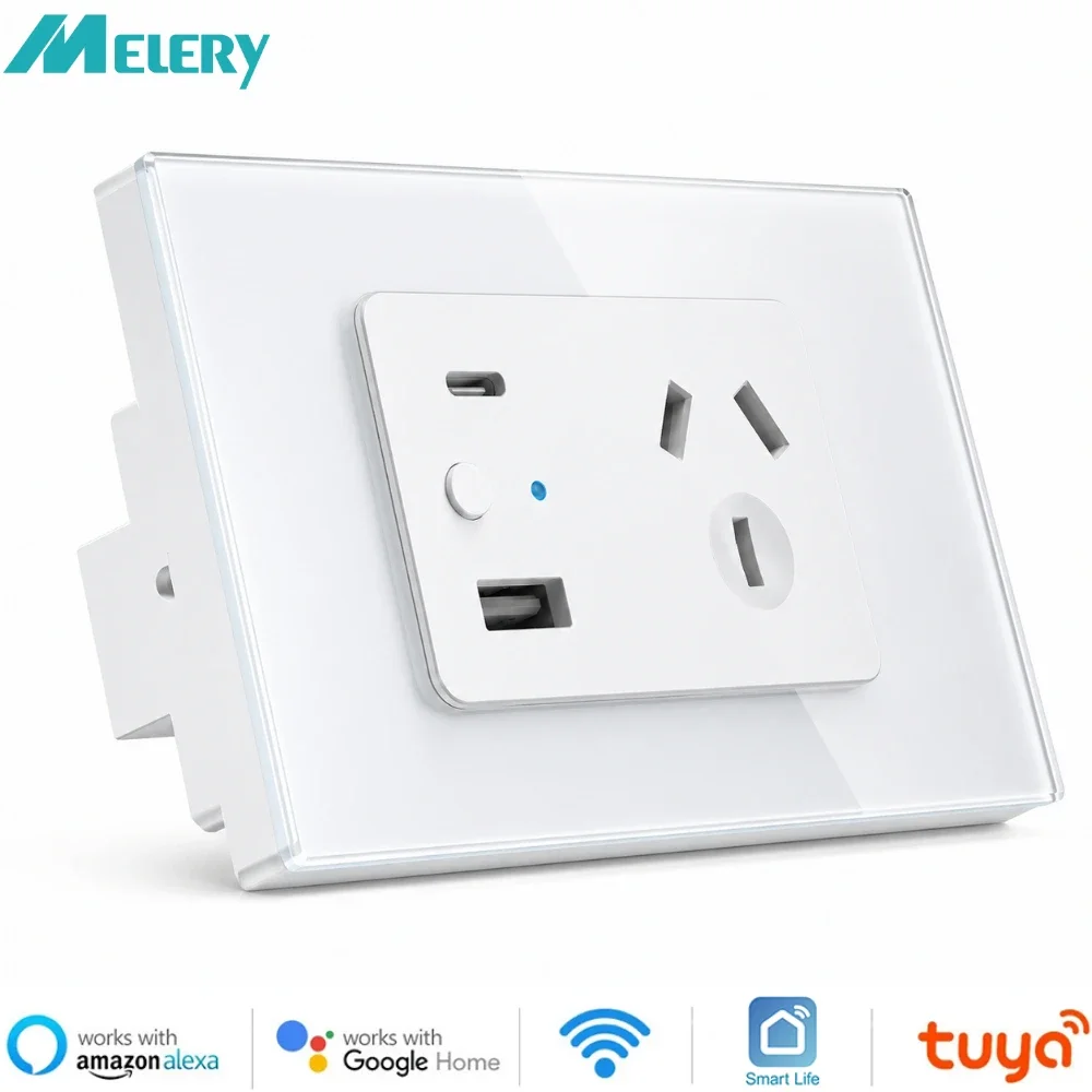 Melery Tuya WiFi Smart Australia Argentina Wall Socket AU Plug Outlet Glass Panel USB Type C Remote by Phone Alexa Google Home