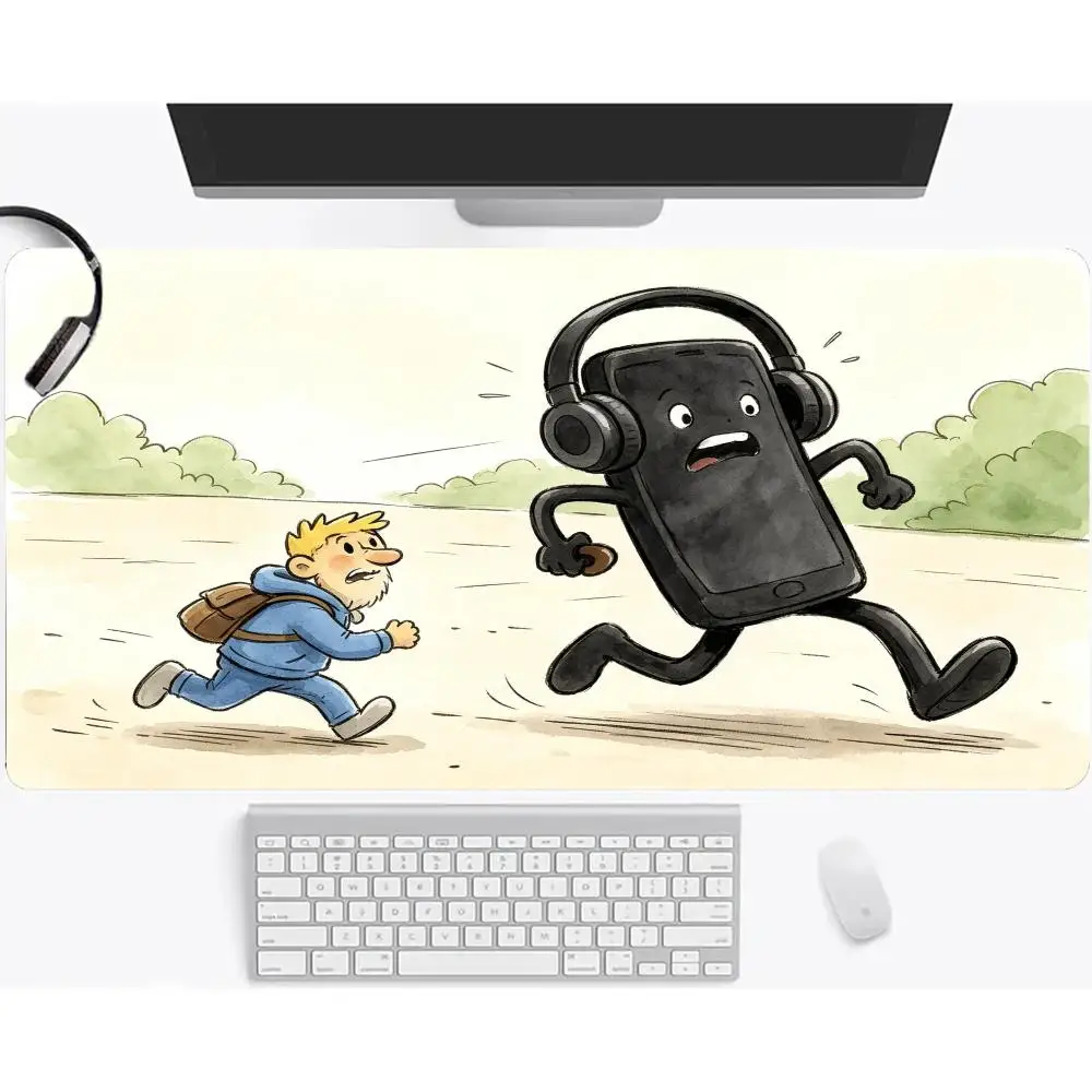 Large Size mousepad Blue Speaker Character Running Girl Watercolor Illustration Non‑Slip playmat For office desktop learning