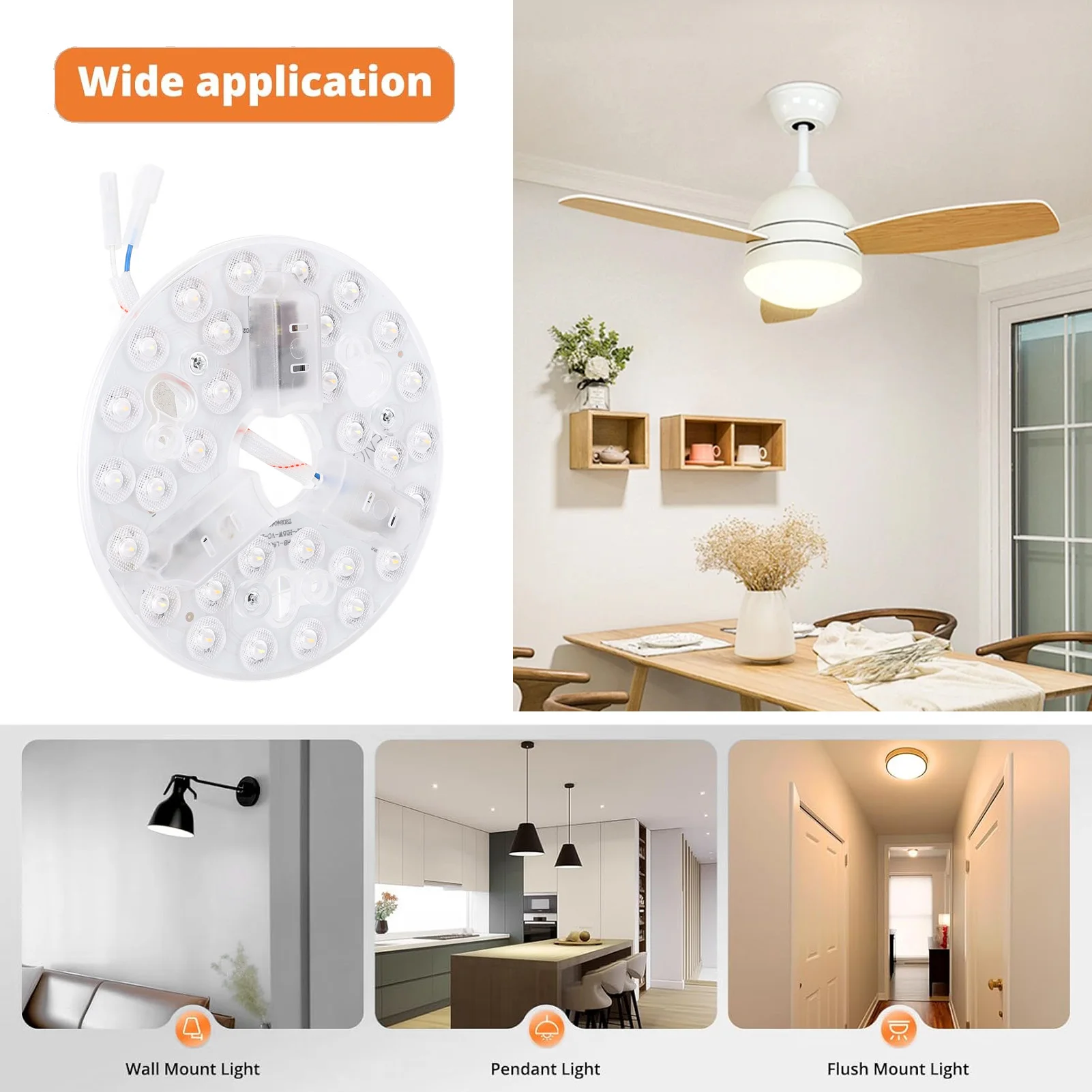 5.3 Inch Ceiling Fan LED Light Kit 3 Colors (3000K/4200K/6500K) Dimmable 15W 95-265V Easy Retrofit Suitable For Living Room