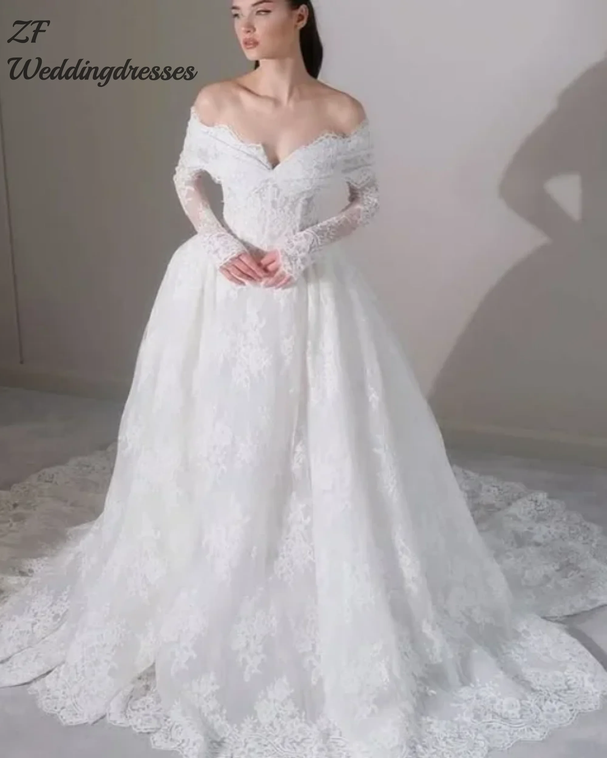 Customized  Luxury Lace A Line Wedding Dresses Off the Shoulder Full Sleeves Bridal Gowns Customized 2026 for Brides Sweep Train