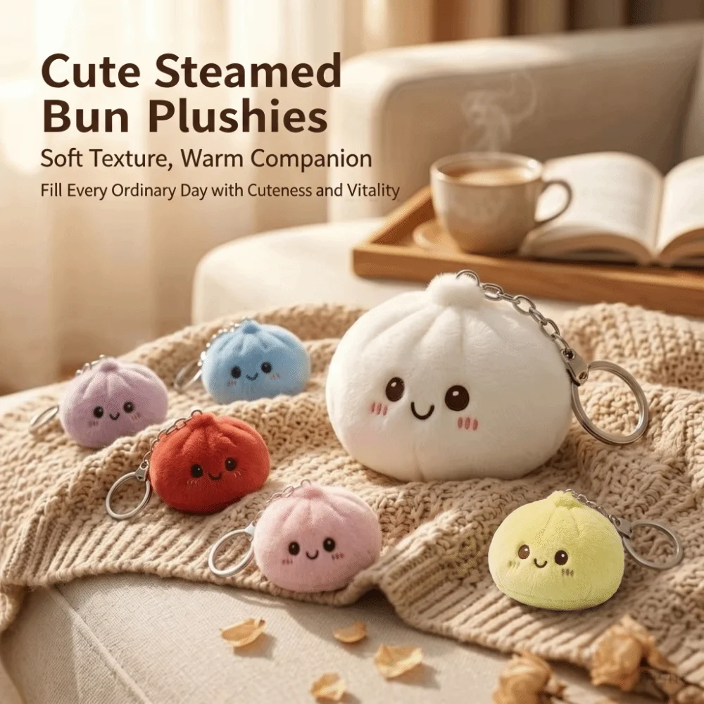 Plush Steamed Buns Squishy Keychain Soft Fluffy Steamed Buns Plush Squishy Keychain Cute Simulated Steamed Buns