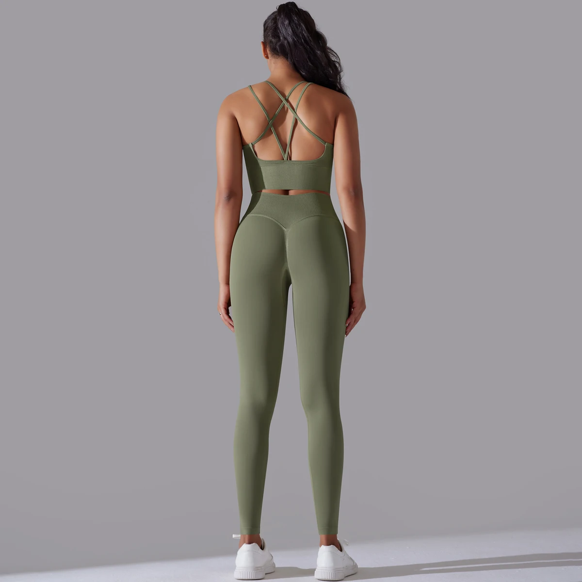Gebürstetes Yoga-Set für Damen, 2-teilig, Workout, Sportbekleidung, überkreuzter Rücken, Sport-BH, hohe Taille, Leggings, Fitnessstudio, Kleidung, Sportanzüge – Detail 30