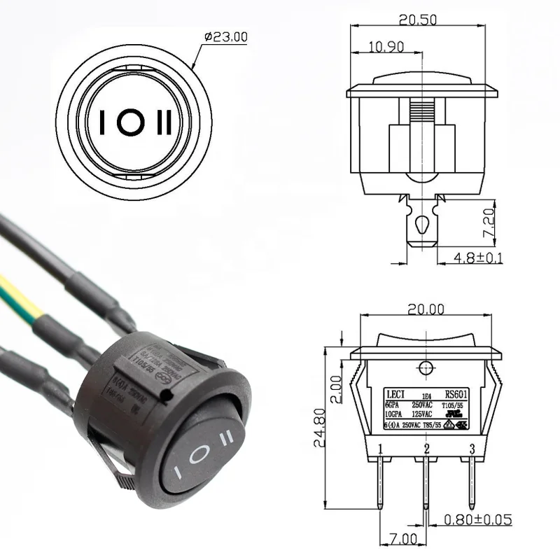 3pin electrical round type rocker switch with soldering wire（1 Pack）