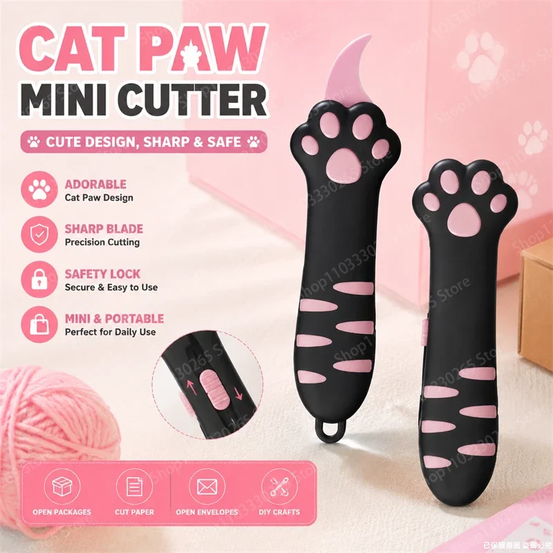 Cute Cat Paw Utility Box Cutter, Retractable Safety Lock Mini Pocket Knife, Portable Stainless Steel Blade for Craft Cutting