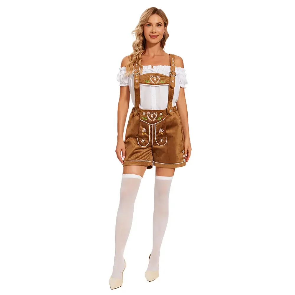 2025 femmes Lederhosen Oktoberfest Costume bavarois bretelles Lederhosen pantalon taverne barman serveuse tenue Cosplay 3 pièces ensemble