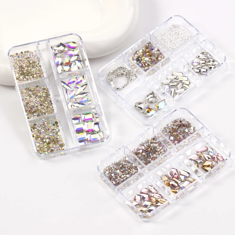 6 Girds/Box Multi-Shape Nail Art strass Mix 3D Crystal Glass Nail Bulk fondo piatto diamante AB Manicure decorazione unghie