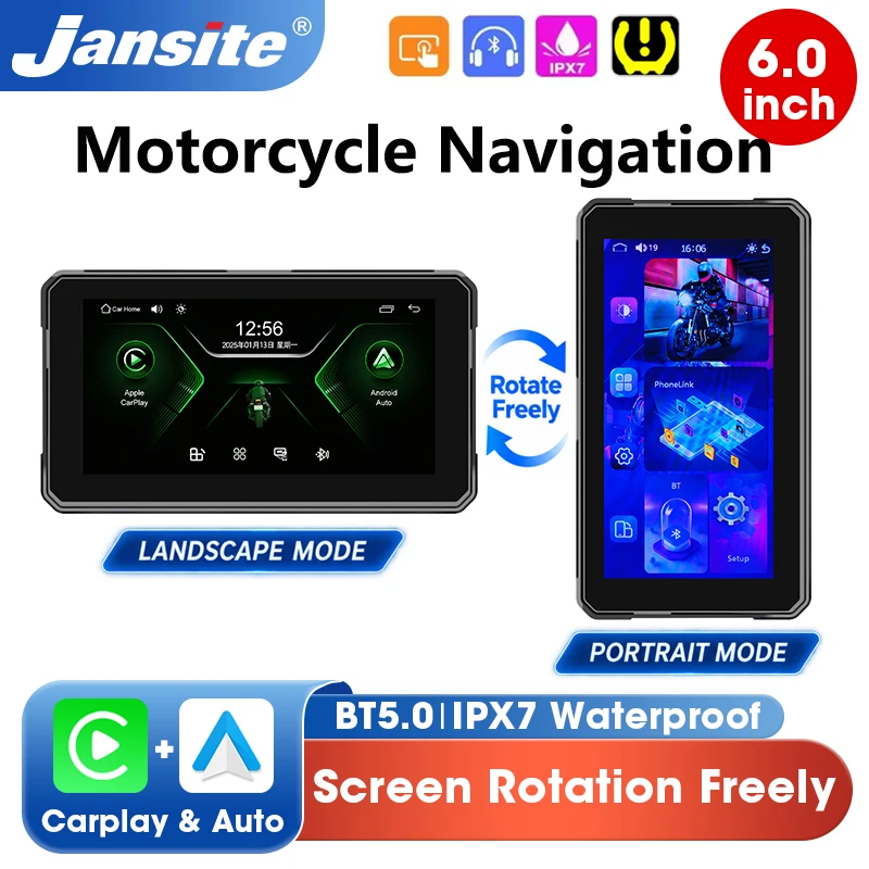 Portable 6 inch Motorcycle GPS Navigation Carplay Screen BT5.0 Digital Dashboard Monitor Screen Rotation IPX7 Waterproof