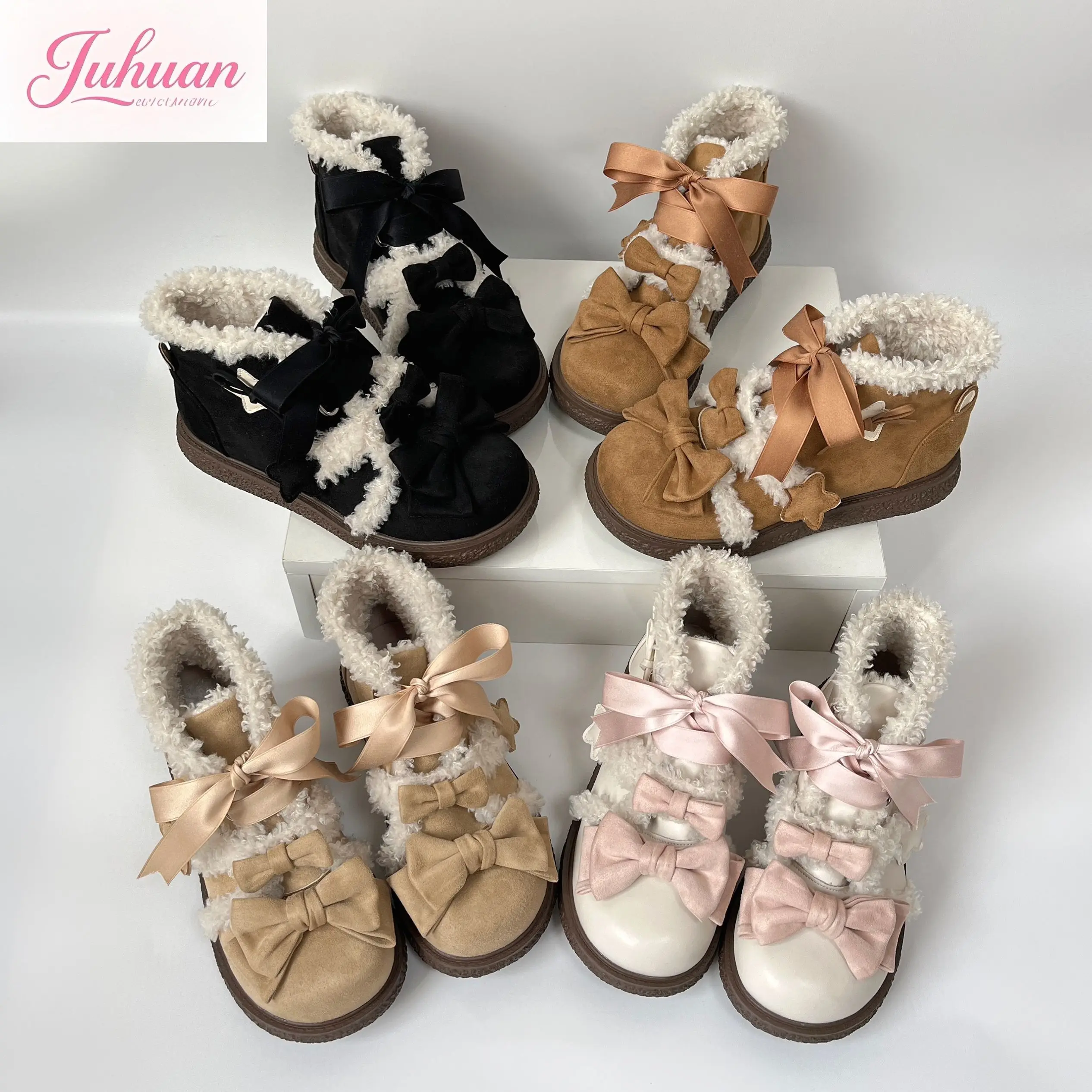 

Kawaii Original Lolita Plush Cotton Shoes Bow Cute Lo Shoe Women's Winter Snow Boots Soft Cute Girl Thickened Warm Ladies Shoes