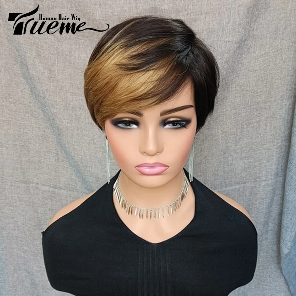 

Trueme Blonde Short Pixie Cut Bob Wig Brazilian Human Hair Wigs for Women Ombre Burgundy Non Lace Human Hair Wig With Bangs