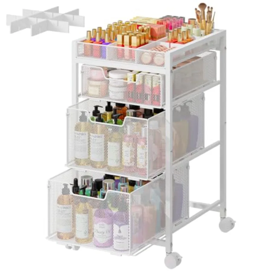 

Rolling Makeup Cart Organizer with 3 Drawers, Cosmetics Display with Dividers, Floor Skincare Storage with Wheels, Versatile Va