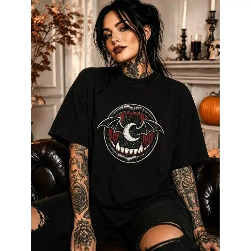 Women Vampire Fangs Bat Moon Graphic T‑Shirt Crew Neck Short Sleeve Gothic Dark Punk Casual Streetwear Tee Tops