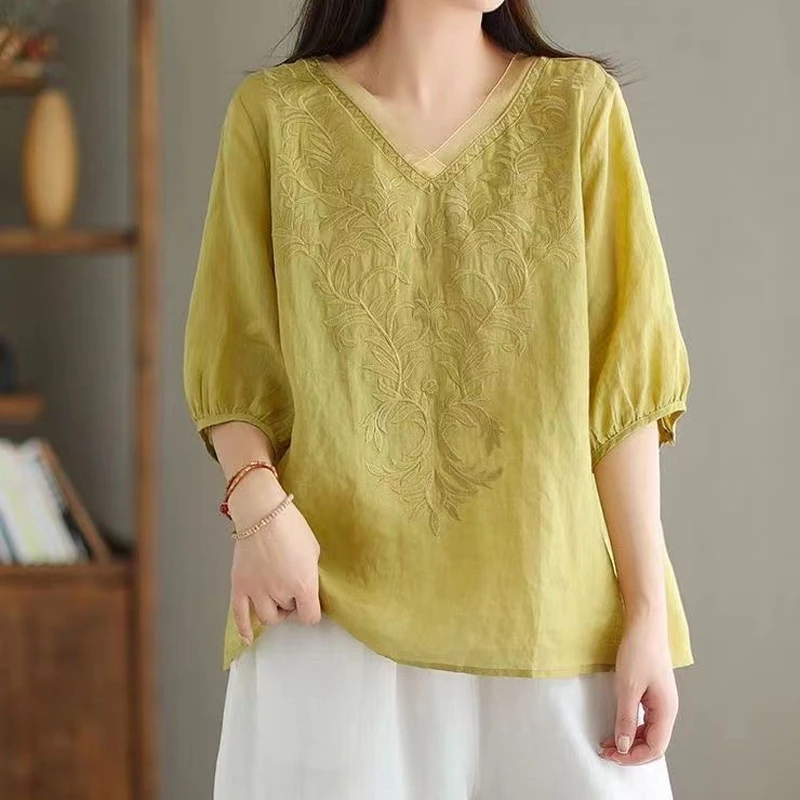 Summer V Neck Embroidery Office All-match Thin Shirt Tops Solid Half Sleeve Loose Vintage Blouse Casual Fashion Women Clothing