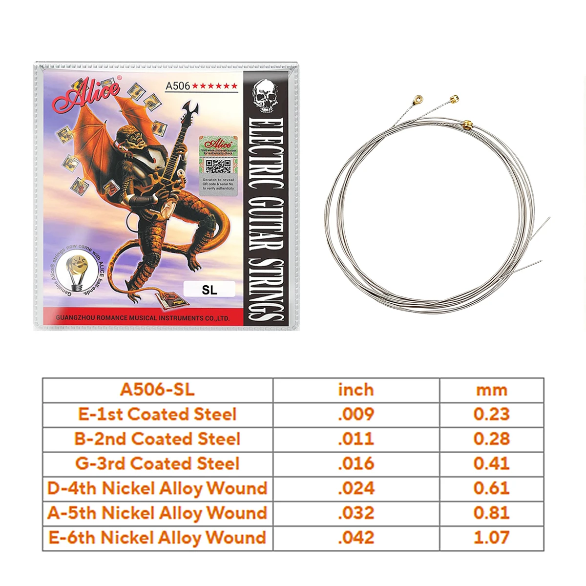Alice 1 Set A506-L / A506-SL Electric Guitar Strings – Super Light 009-042, Nickel Plated Alloy Wound, Steel Core, for Beginners