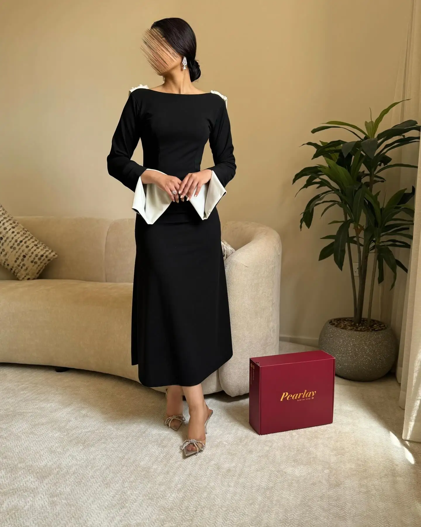 

Aenyrst Elegant Black Mermaid Prom Dress Women Pearl Long Sleeve Party Evening Dresses Ankle Length Saudi Formal Occasion Gowns