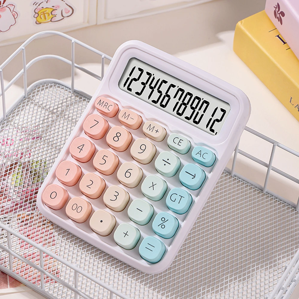 Calculator 12 Digit Large LCD Display Big Round Button Gradient Candy Colored Dual Power Supply Calculator for Office School