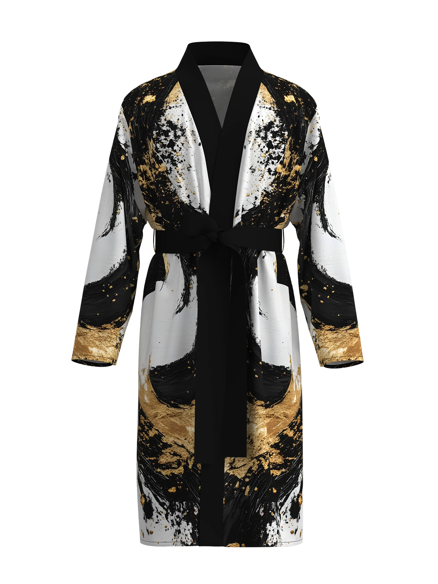 

Men's Black Gold Ink Swirl Print Kimono Bathrobe Modern Art Brushstroke Pattern Long Sleeve Lounge Clothes Casual Nightgown