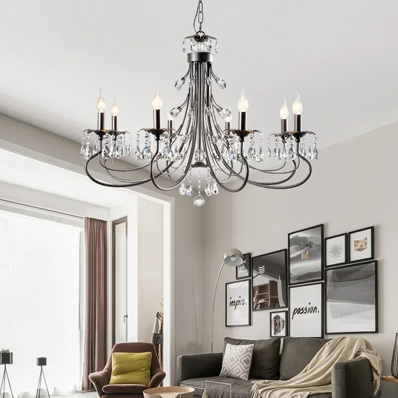 SANDYAH American Crystal Chandelier Retro Iron Art Creative Candle Lamp Living Room Restaurant Hotel Home Decor Pendant Lights