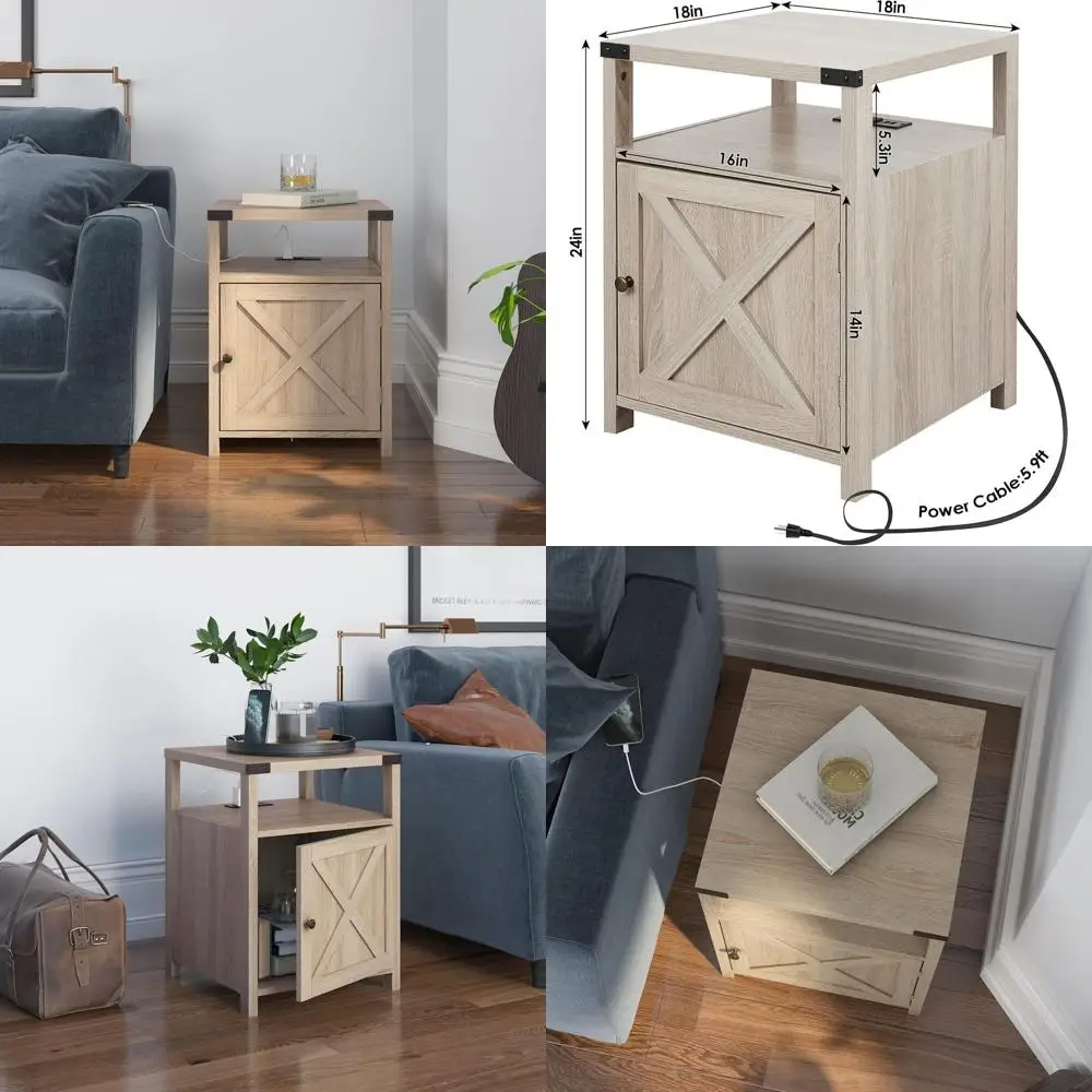 

Прикроватная тумбочка в деревенском стиле в фермерском доме с зарядной станцией, столик для хранения вещей для спальни, гостиной, бежевый приставной столик с USB