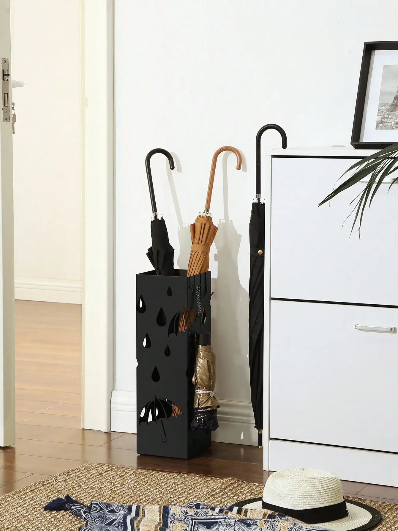 SONGMICS Metal Umbrella Stand, Square Umbrella Holder With Water Tray And Hooks