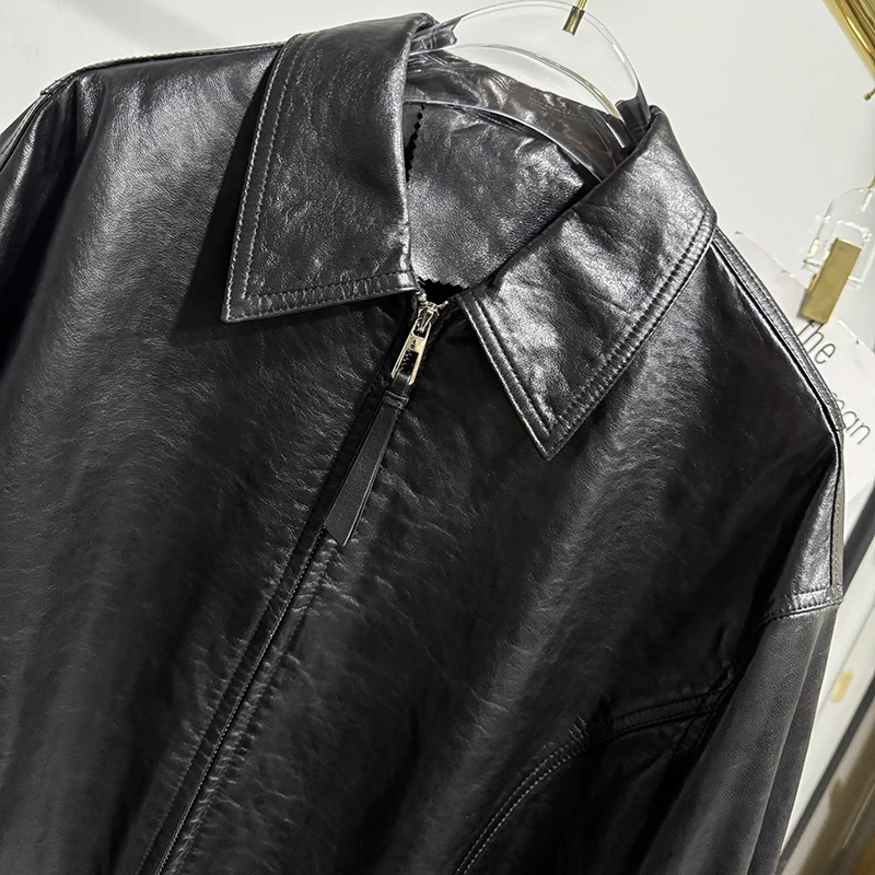 秋冬ショート本革ジャケット輸入オイルワックスシープスキンファッションチャケータムヘールブラック/ブラウンルーズカジュアルトップコート