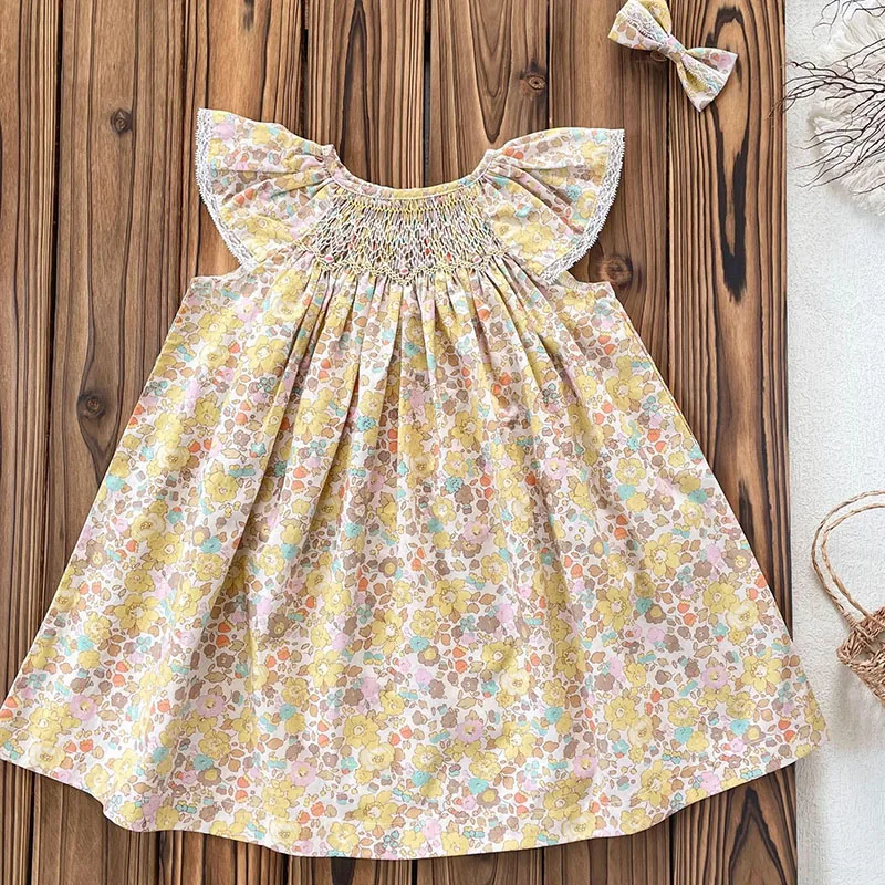 2025 New Summer Sister Clothing 1-6Yrs Baby Girl Party Dress Flying Sleeve Cotton Flower Print Kids Princess Dresses