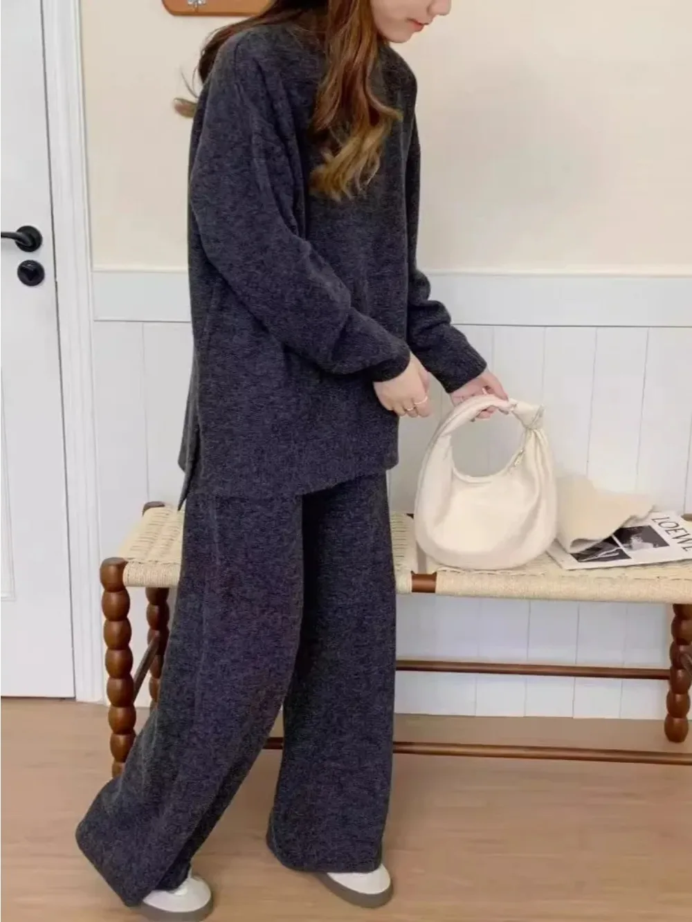 Two Piece Sets Muslim Knitting Outfits Women Split Sweater Pullover Knitted Wide Leg Pants Suit Knitwear Ensemble Casual