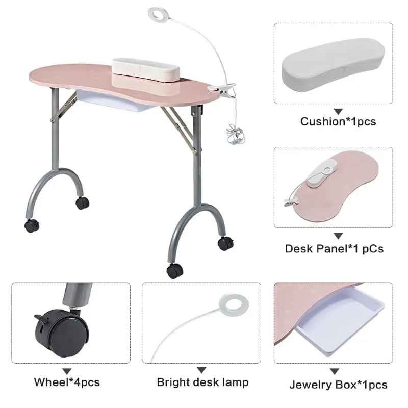 Portable manicure table，Folding nail desk for teach with Large PP plastic drawer、LED-Light、Wrist rest、Carry Bag