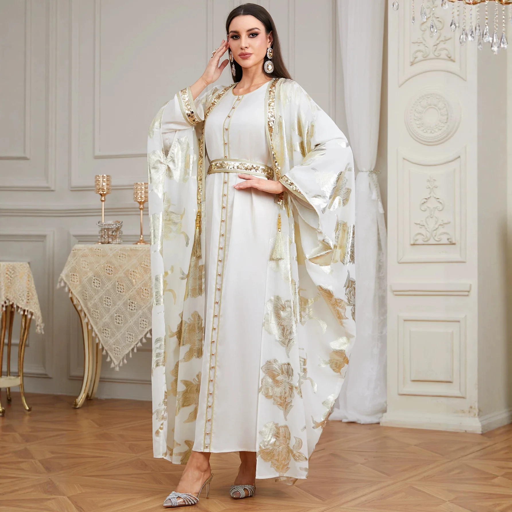 Eid Dress Abaya Suit Women Muslim Party 2 Piece Set Bronzing Cardigan Robe Sequins Jalabiya Ramadan Dubai Kaftan Vestidos