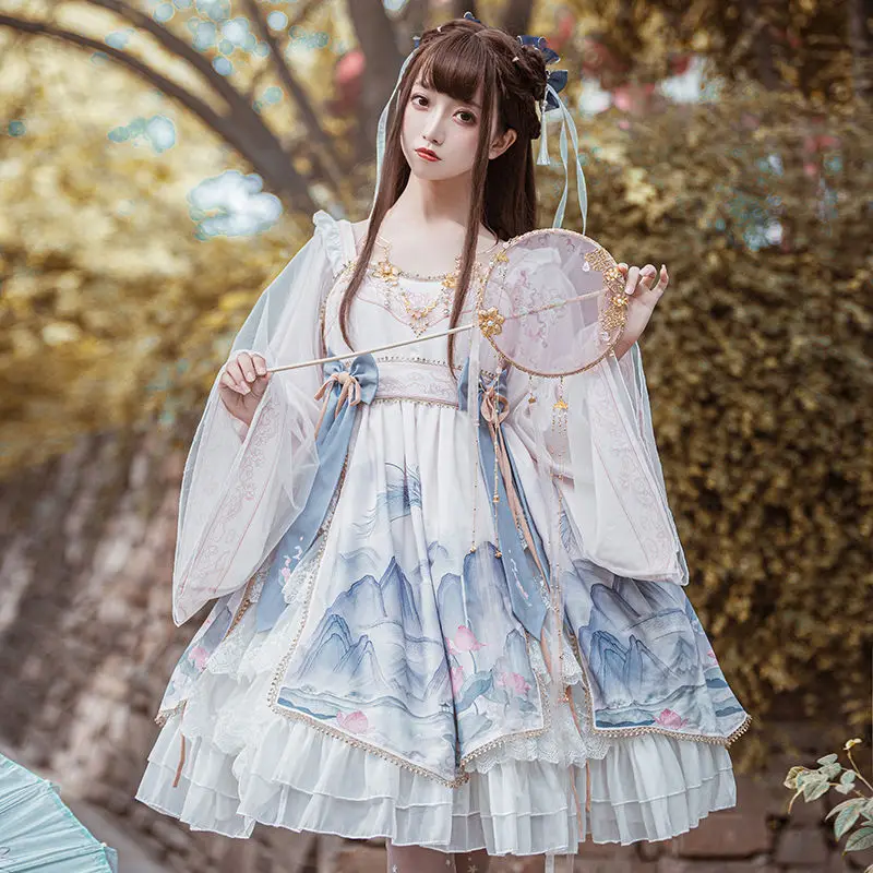 

OP Long Sleeved Vintage Han Elements Lolita Dress Cake Dress Bow Ink And Wash Print Kawaii Elegance