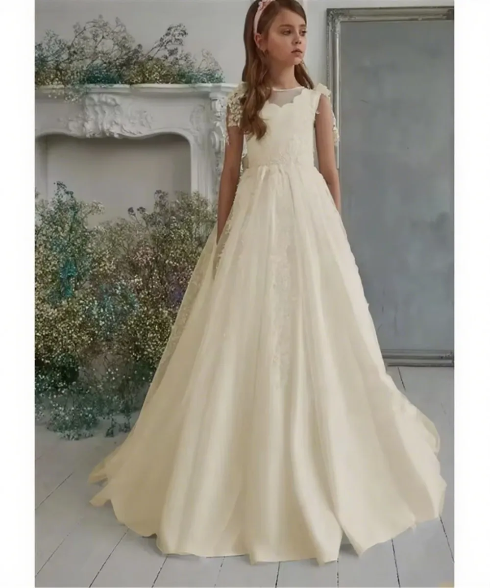 Elegante flor menina vestido de casamento apliques pérolas arco sem mangas cetim boho princesa crianças festa aniversário primeira comunhão vestido