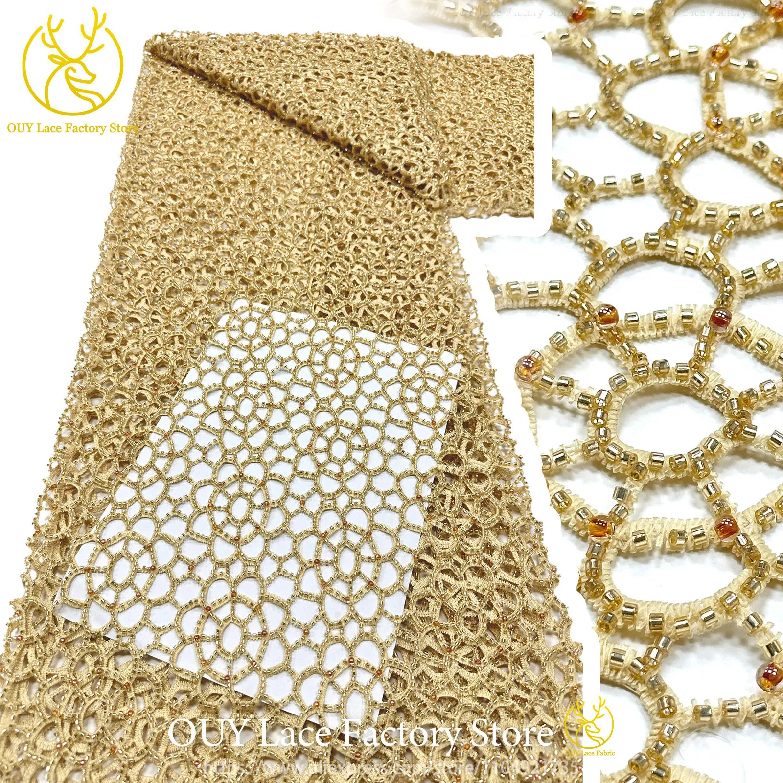 Gold Luxury Nigerian Braid Rope Beaded Embroidery Fabric High Quality African Rope Sequins Fabric For Evening Dress Decoration