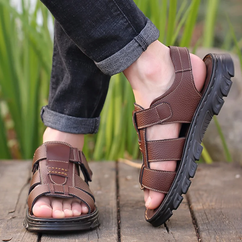 Large Size Sandals for Men New Men\'s Beach Shoes Genuine Leather Sandals Outdoor Non-slip Thick-soled Roman Leather Sandals2024